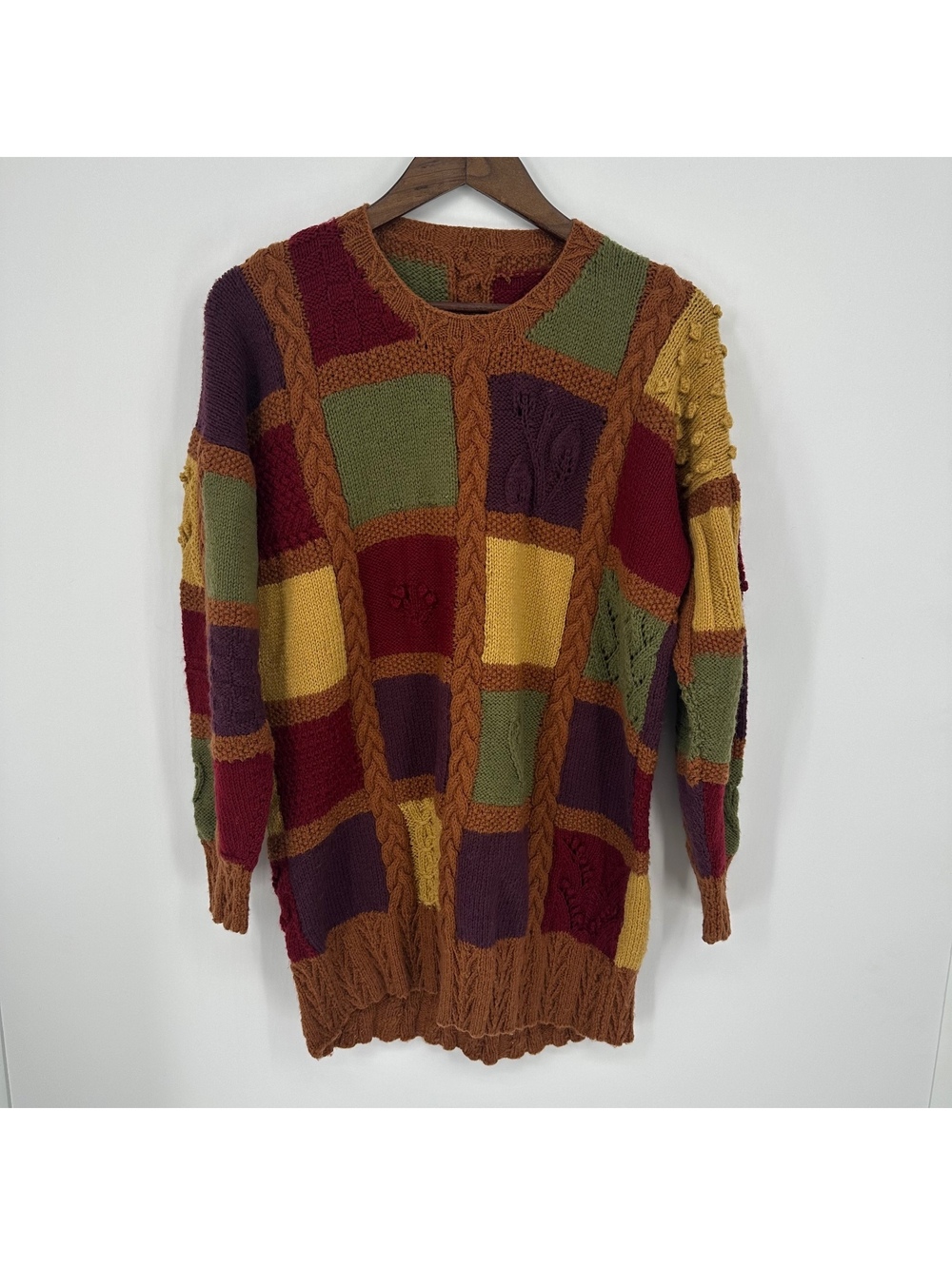 Handmade Patchwork Cable Knit Sweater Grandmacore Fall Chunky Colorblock